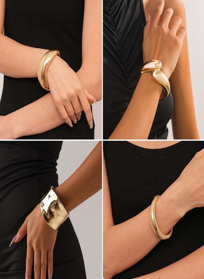MEDOJO 4 Pcs Women Golden Cuff Bracelet Hinged Design Bracelet Trendy Chunky Cuff Bangle Thick Golden Bracelets for Women - Image 4